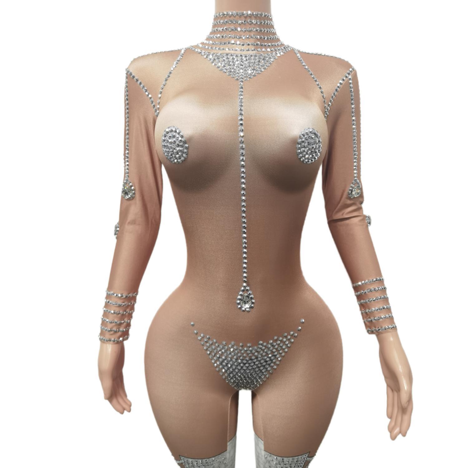 女性のためのセクシーなナイトクラブの衣装、パフォーマンスダンスの衣装、女性のためのきらびやかなラインストーンジャンプスーツ、歌手のステージショーウェア、tuoyiwu