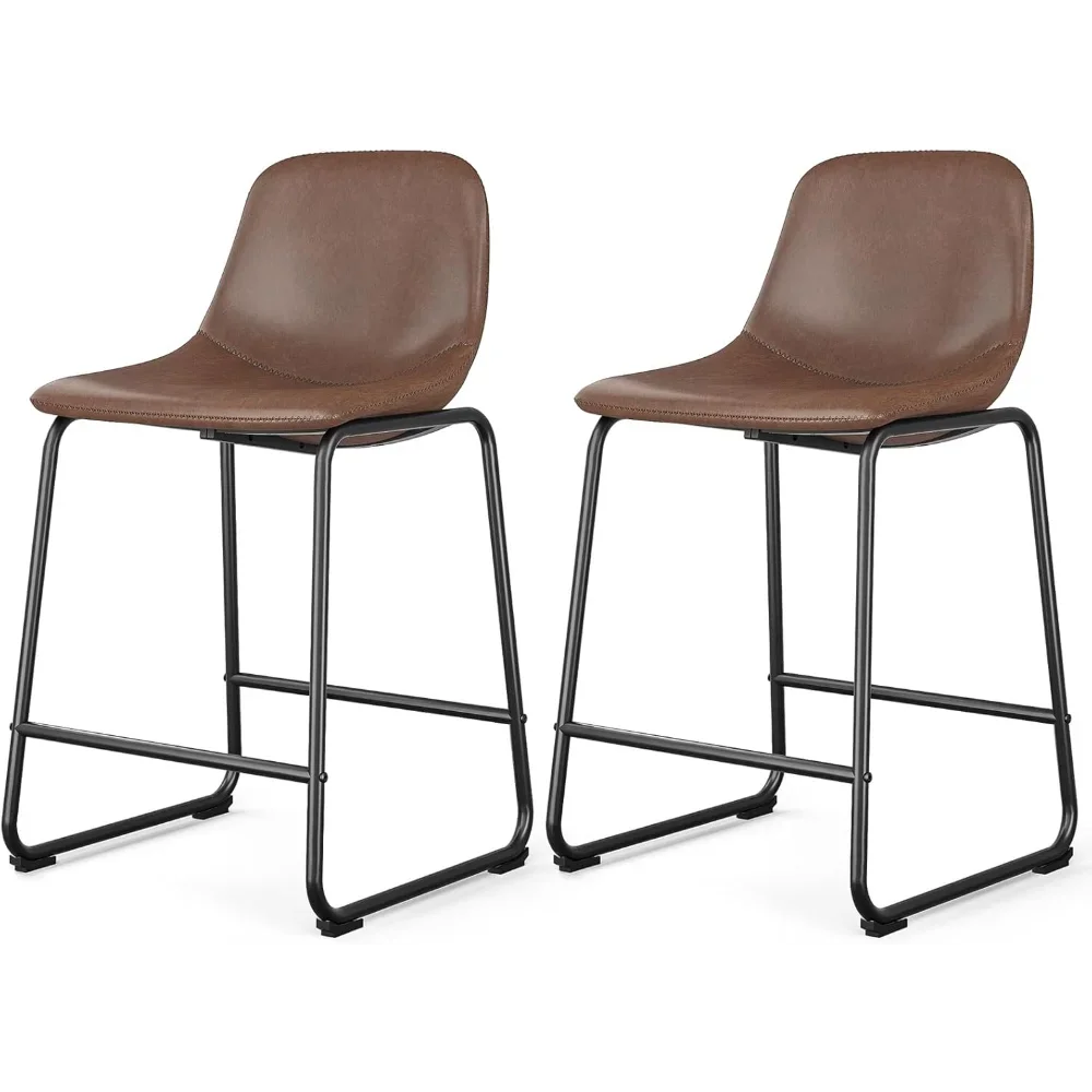 Pu Faux Leather Bar Stools Set of 2, Industrial Pub Barstools with Back and Footrest, Modern Armless Bar Height Stool Chairs