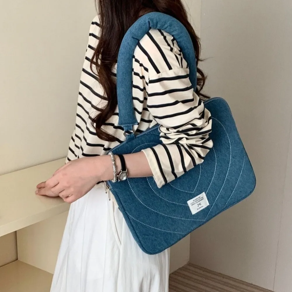 Washed Denim Bow Business Briefcases Embroidered File Folder Document Tote Bolsas Large Capacity Love Heart