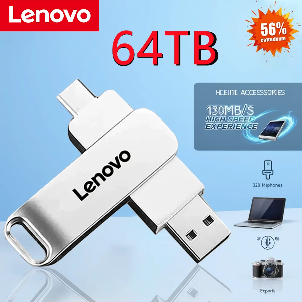 Lenovo-unidad Flash USB 3,0 de 64TB, interfaz U de disco tipo C, alta velocidad, 16TB, gran capacidad, 8TB, 2TB, 4TB, Memoria Stick de Metal