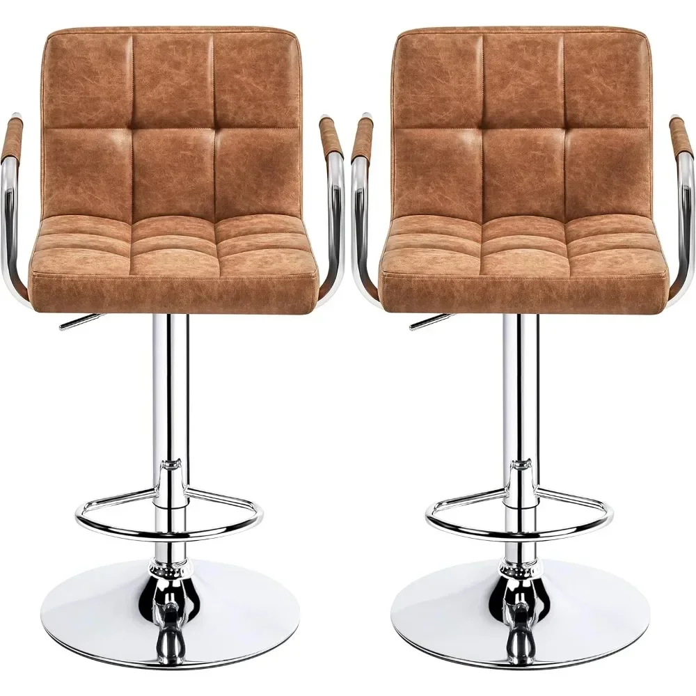 PU Leather Barstool Set of 2 Adjustable Seat Height Counter Height Stools with Back and Arms 360° Swivel Stool Stylish