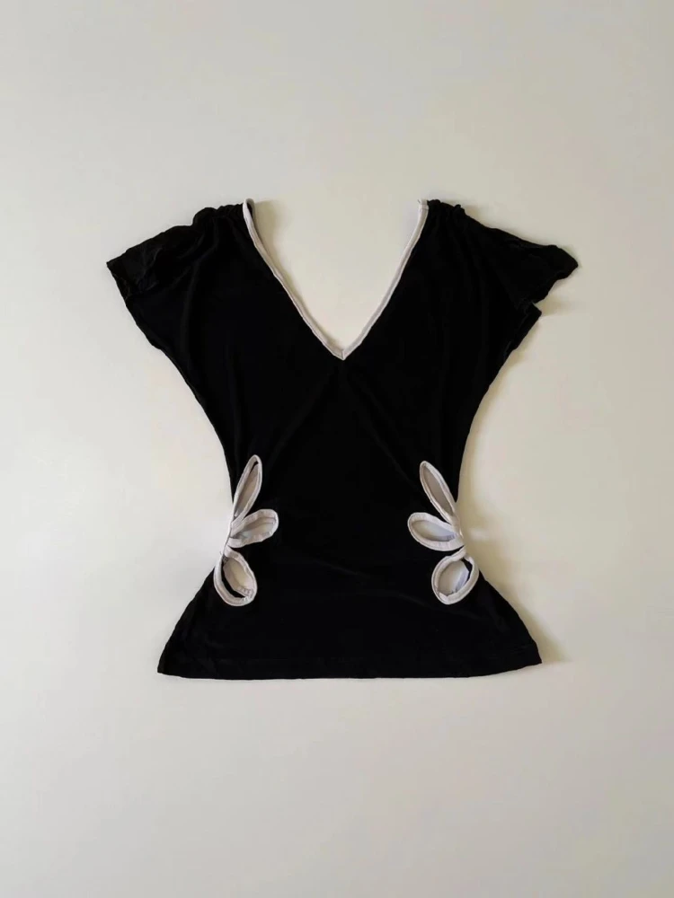 Vintage Hollow Out V Neck Backless Tees Women Summer Grunge Casual Female Tanks Patchwork Contrast Color Crop Top Y2k Aesthetic