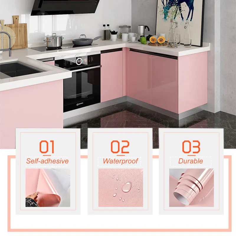 ไวนิลผนังสีทึบเงาวอลเปเปอร์ Self-กาวตกแต่ง DIY สติ๊กเกอร์ติดผนังตู้ครัวตู้เย็นเดสก์ท็อปโมเดิร์นฟิล์ม