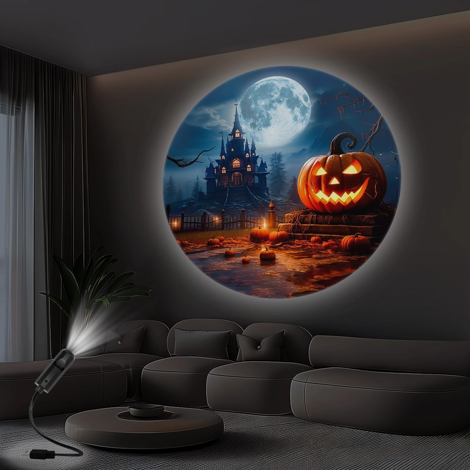 Projektor LED tworzący atmosferę, dyniowa głowa i kreatywny wzór zamku, świąteczne oświetlenie, dekoracja domu na Halloween.