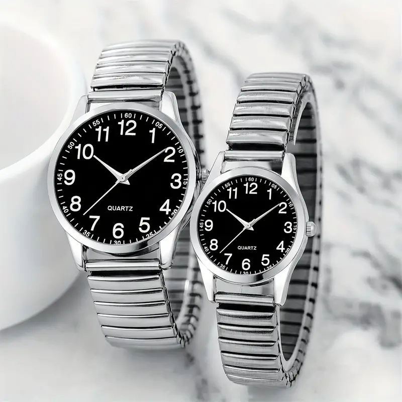 2 uds. De números arábigos de aleación negra para hombres y mujeres, conjunto de reloj de cuarzo con banda elástica, conjunto de regalo para amantes