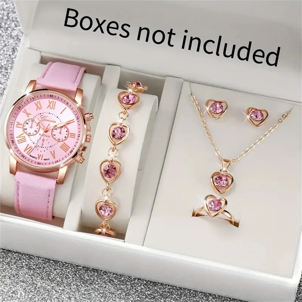 6 ชิ้น/เซ็ตแฟชั่นผู้หญิงควอตซ์นาฬิกาหนัง Band Analog นาฬิกาข้อมือหัวใจ Rhinestone ชุดเครื่องประดับ (ไม่มีกล่อง)