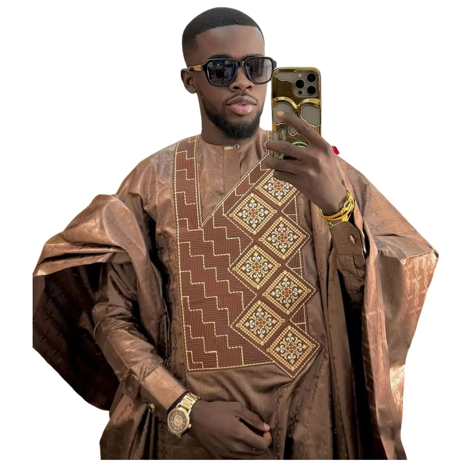 Afrikanische Kleidung für Männer traditionelle Bazin Riche Stickerei Design Top Langarm 3 Stück Set