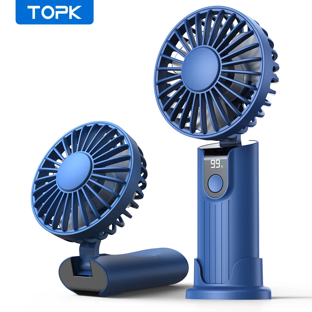 TOPK 5000mAh Mini przenośny wentylator USB Akumulatorowy wentylator ręczny, mały wentylator kieszonkowy 3 prędkości ze smyczą i podstawą, składany wentylator biurkowy USB