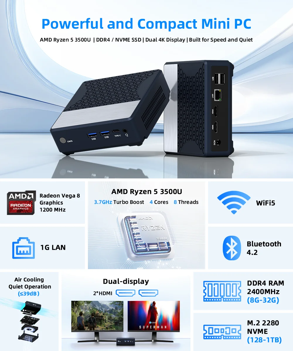 ZXIPC Mini PC AMD Ryzen 5 3500U 16GB DDR4 500GB SSD NVME Wifi5 BT4.2 Windows 11 Triple Display Desktop DIY Gamer Computer