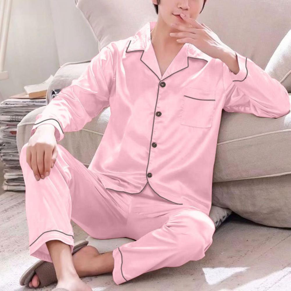 1 Juego de pijamas cómodos para hombre, pijamas de seda helada para hombre, conjunto de pijamas con botones de ajuste relajado de Color sólido, ropa para el hogar