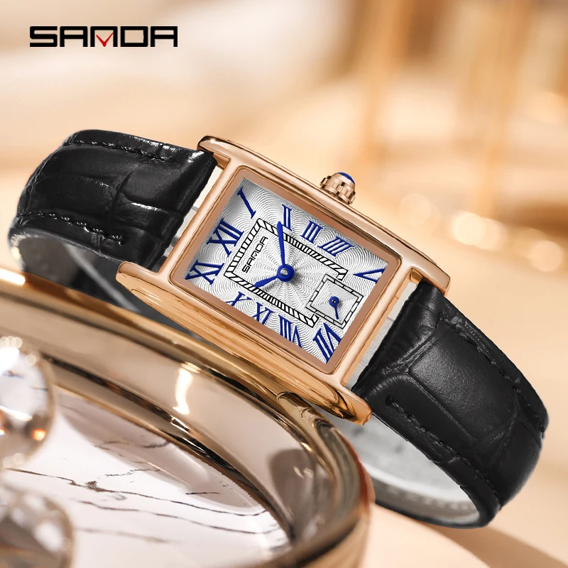 SANDA, nueva moda, diseño elegante, esfera rectangular, cuero resistente al agua, movimiento de cuarzo, regalo de negocios, reloj de pulsera analógico para mujer