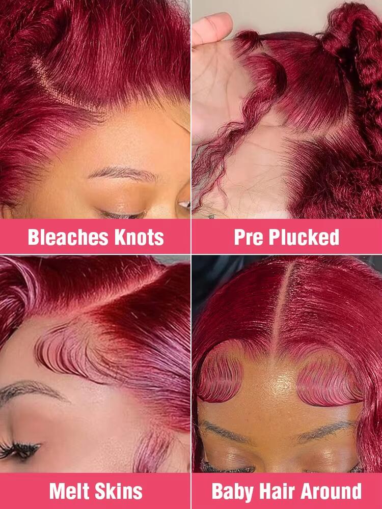 200 % gewellte Perücke, Burgunderrot, 99J-Lace-Front-Perücke, 13 x 4, 13 x 6 HD-Lace-Frontal-Perücke, Echthaar, vorgezupft, 99j, rot gefärbte Perücke