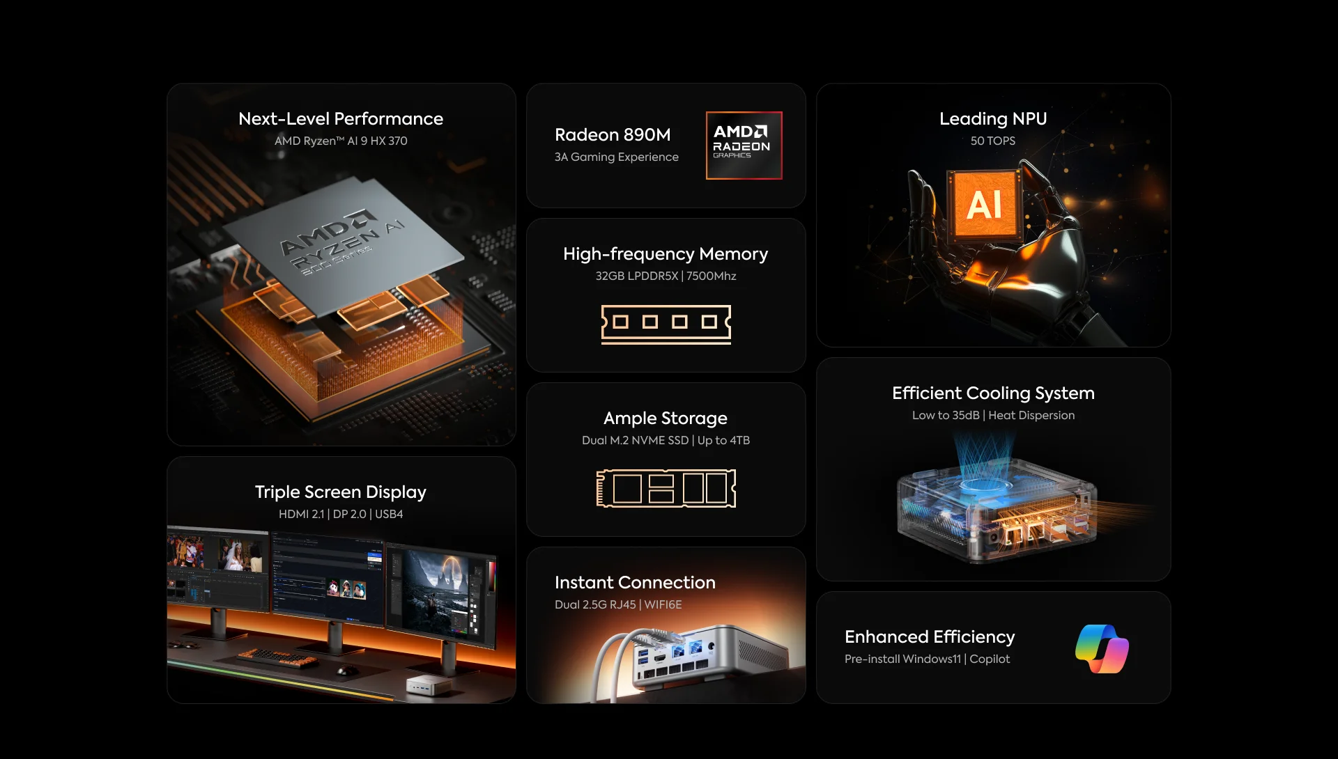 MINISFORUM AI370 Mini PC AMD Ryzen AI 9 HX 370  AMD Radeon 890M LPDDR5 7500MHz Windows 11 Mini Computer BT 5.3 AI Gaming Mini PC