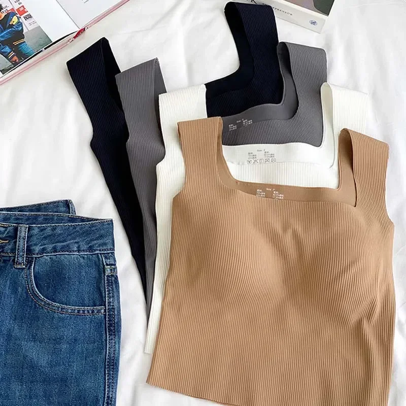 ใหม่กว้างไหล่ Camisole สแควร์คอสวยกลับเกลียวเสื้อกั๊กผู้หญิงไม่มีรอยต่อ One-piece FIXED CUP Casual Solid Tops