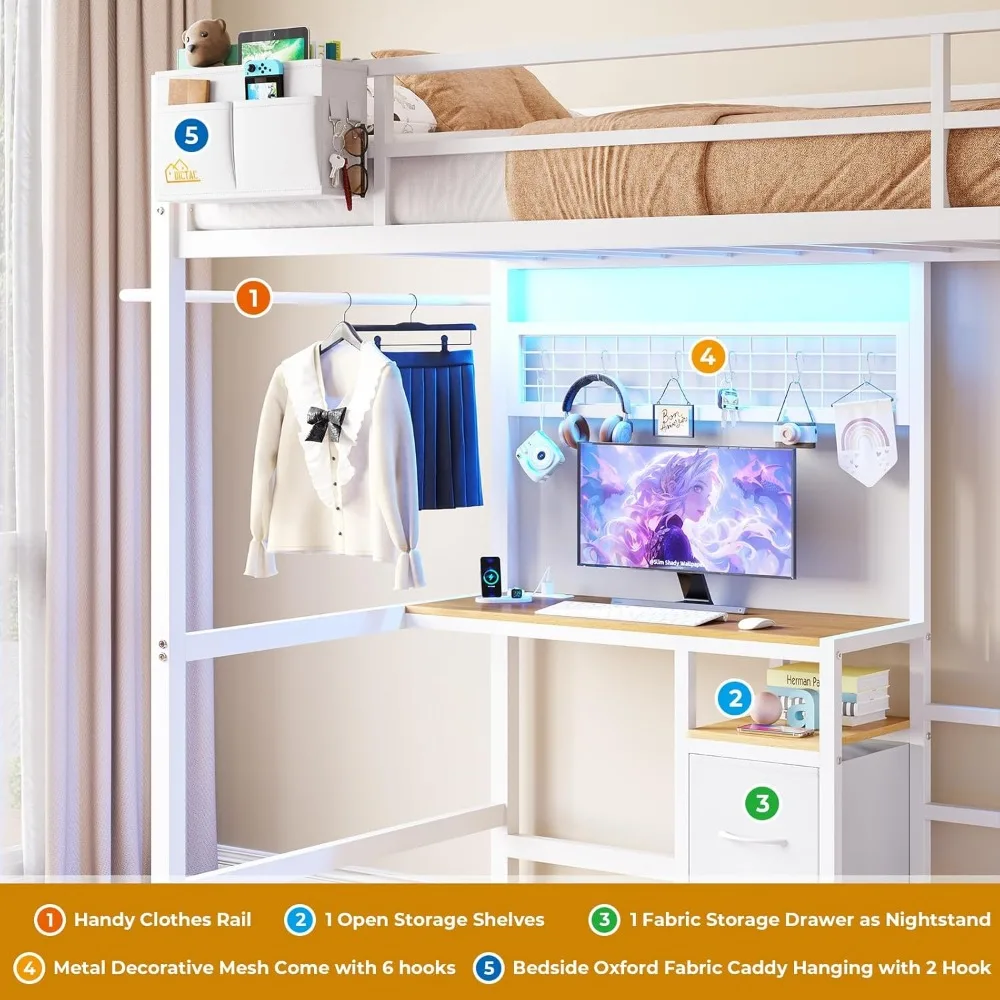 Twin Size Bunk Bed with Desk and Charging Station Metal Loft Bed with Led Lights & Storage Shelves and Drawers L-Shaped