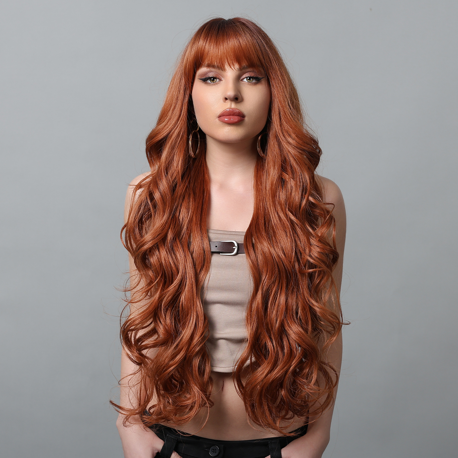 Gemma cobre gengibre longo ondulado peruca sintética vermelho marrom perucas com franja para mulheres cabelo natural cosplay peruca diária resistente ao calor