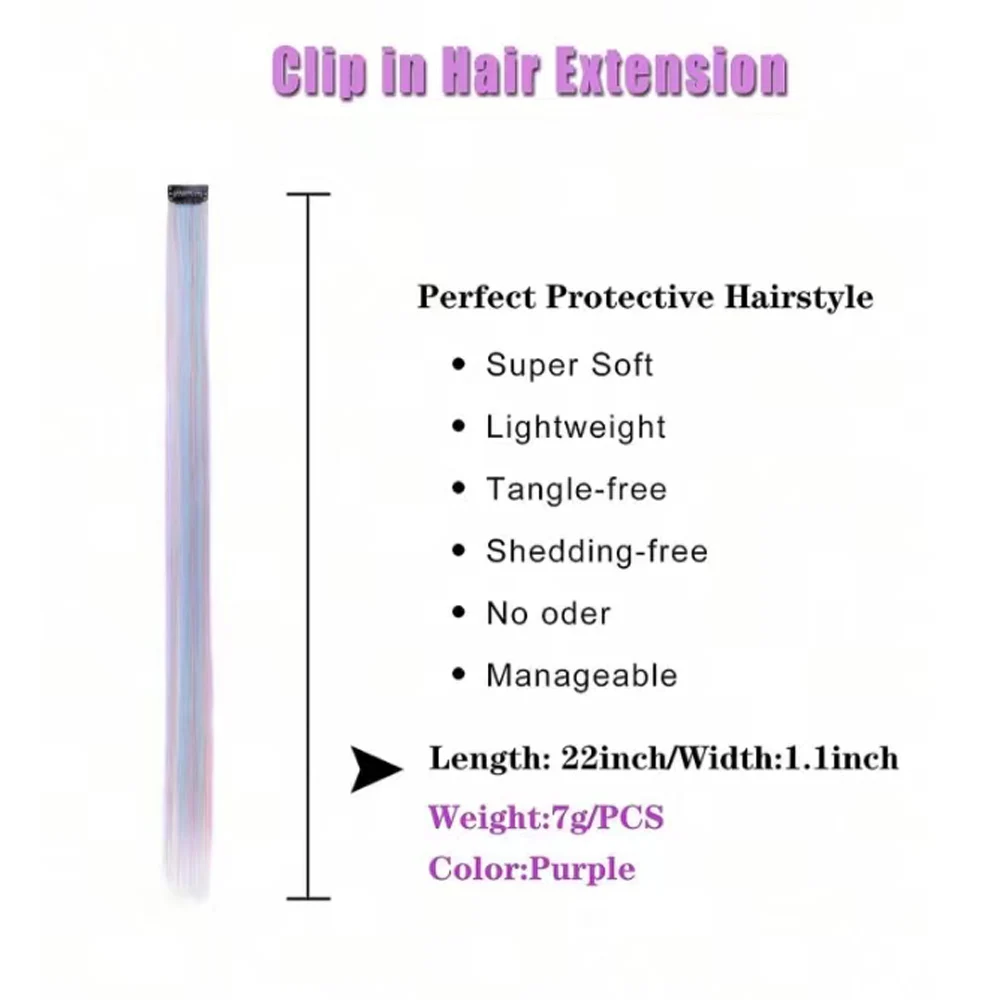 Grampo em uma peça de extensão de cabelo 6 unidades/pacote cor unicórnio arco-íris rosa azul roxo cor misturada clipe em acessórios de cabelo sintético