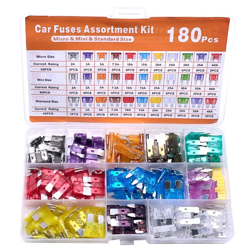 Kit sortido de fusíveis de carro 180 peças, 60 mini fusíveis de carro de lâmina + 60 fusíveis padrão automotivos + 60 micro fusíveis + extrator de fusível