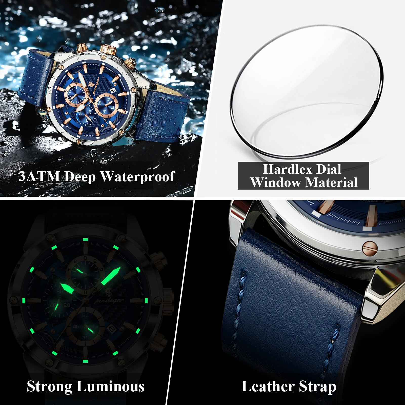 Reloj de pulsera POEDAGAR deportivo de lujo para hombre, Reloj militar de cuarzo para hombre, cronógrafo luminoso resistente al agua con fecha, relojes de cuero para hombre