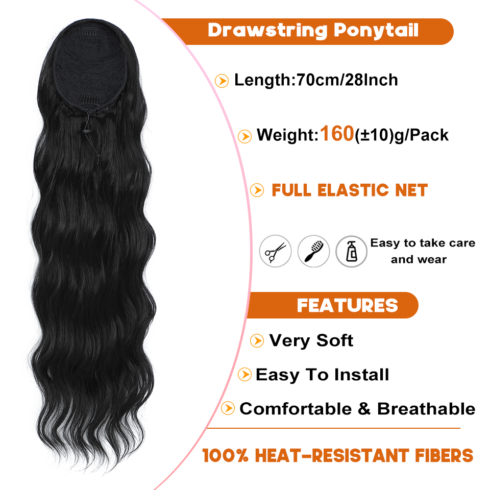 28 นิ้ว Drawstring CURLY หางม้า Extensions สังเคราะห์คลิปใน PONY TAIL สําหรับผู้หญิงสีดํายาวหยักปลอม Hairpieces สําหรับ Afro สาว