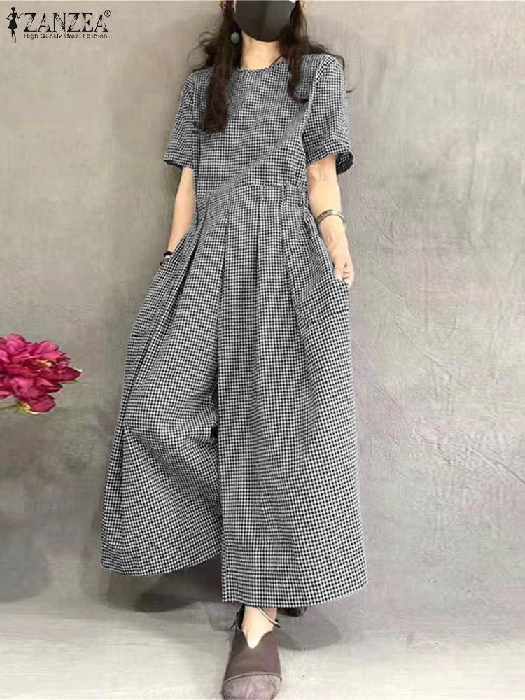ZANZEA Kurzarm-Overall mit weitem Bein, plissierte Taille, O-Ausschnitt, lockere lässige Gingham-Overalls, 2023, modischer Damen-Langspielanzug
