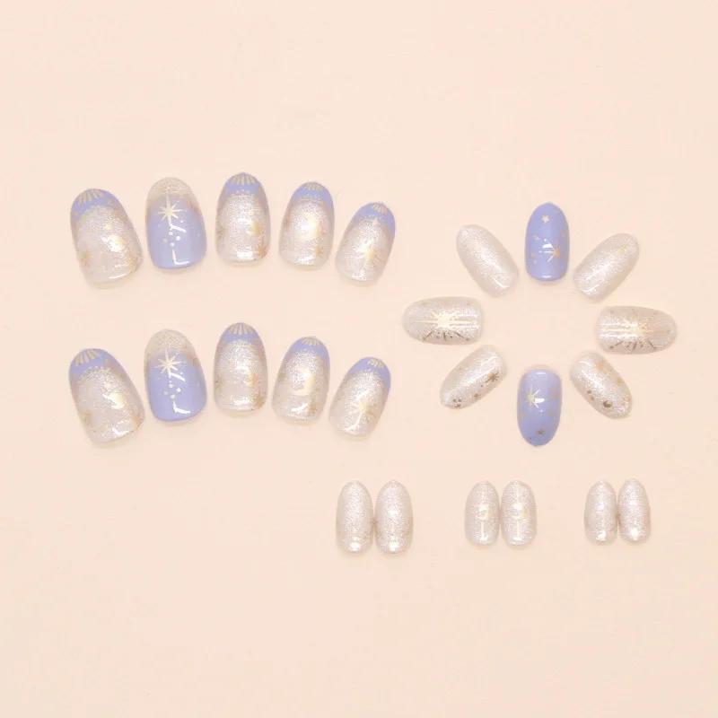 24 Uds. De uñas románticas Y2k con forma de estrella, gradiente azul, estilo francés, diseños de Luna dorada, uñas postizas de almendra dulce para mujer