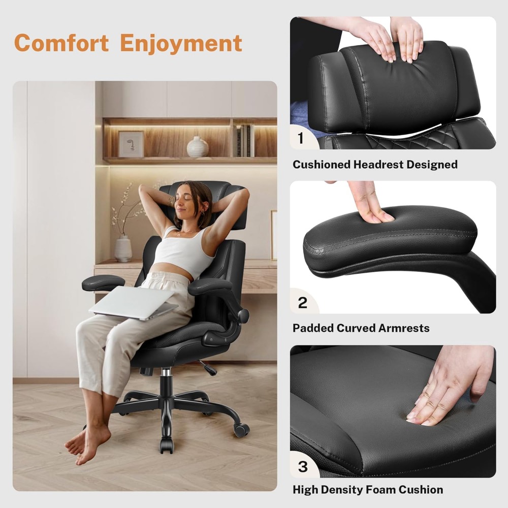 Office Chair Flip Up Arms, Executive Leather Office Chair Ergonomic Desk Chair with Lumbar Support, Adjustable Headrest, Compute