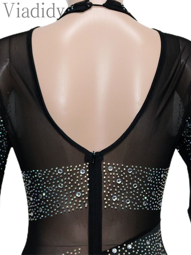 Frauen Sexy Sheer Mesh Patchwork Langarm Strass Dekor Backless Skinny Overall