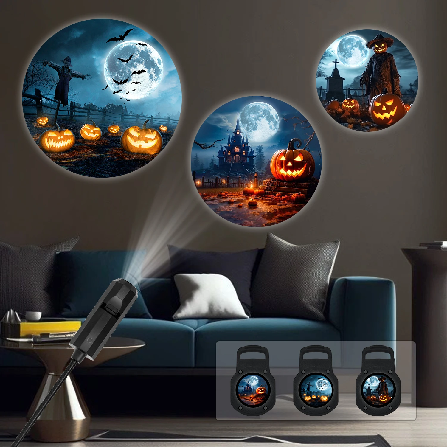 Lâmpada de projeção de abóbora lunar, três luzes e sombra comutáveis, 360 °   giratória, luz de atmosfera de quarto, presente de Halloween