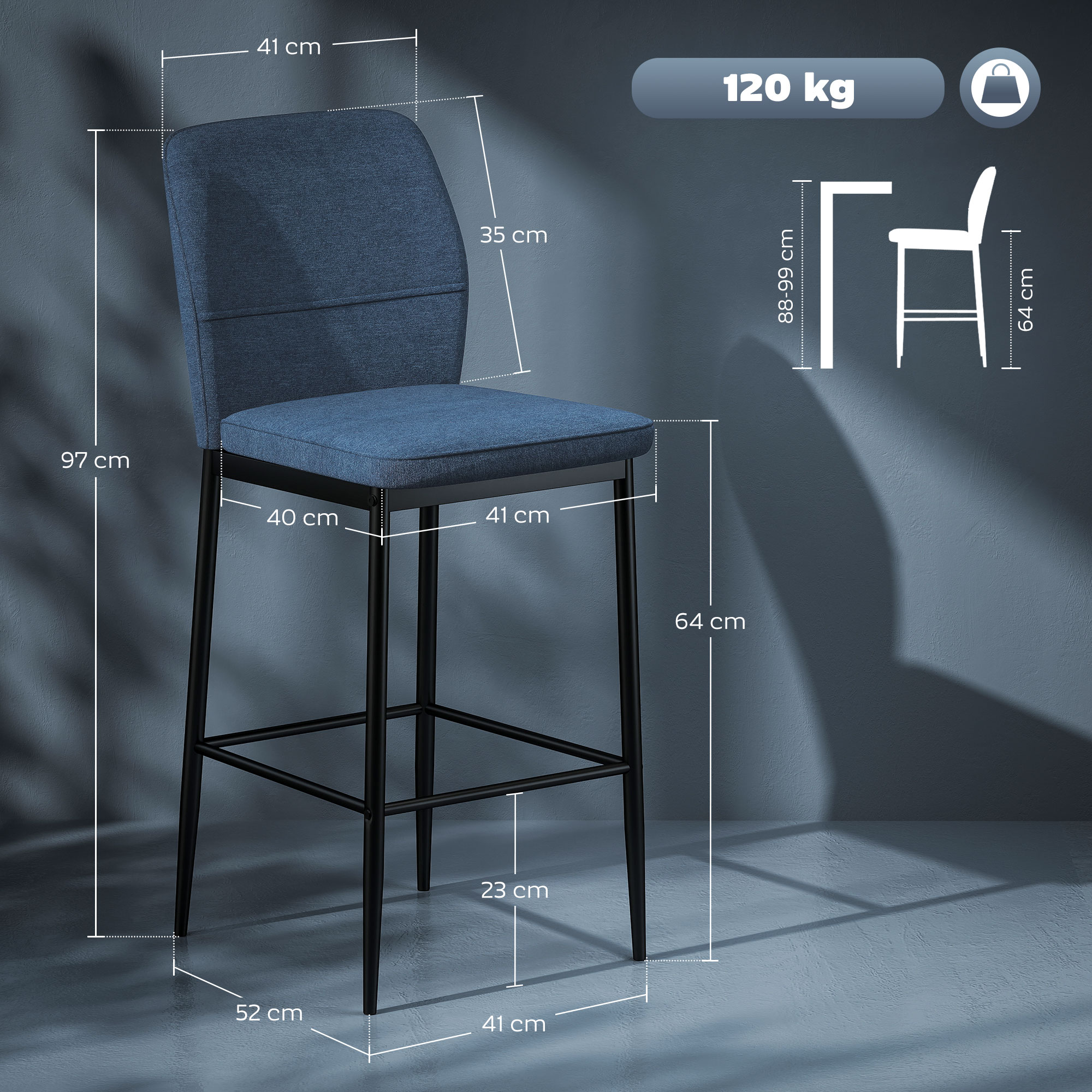 Homcom Set mit 2 Hochhockern mit Samtpolsterung und Stahlbeinen für die Küche, Esszimmer, Bar, 41 x 52 x 97 cm, Blau