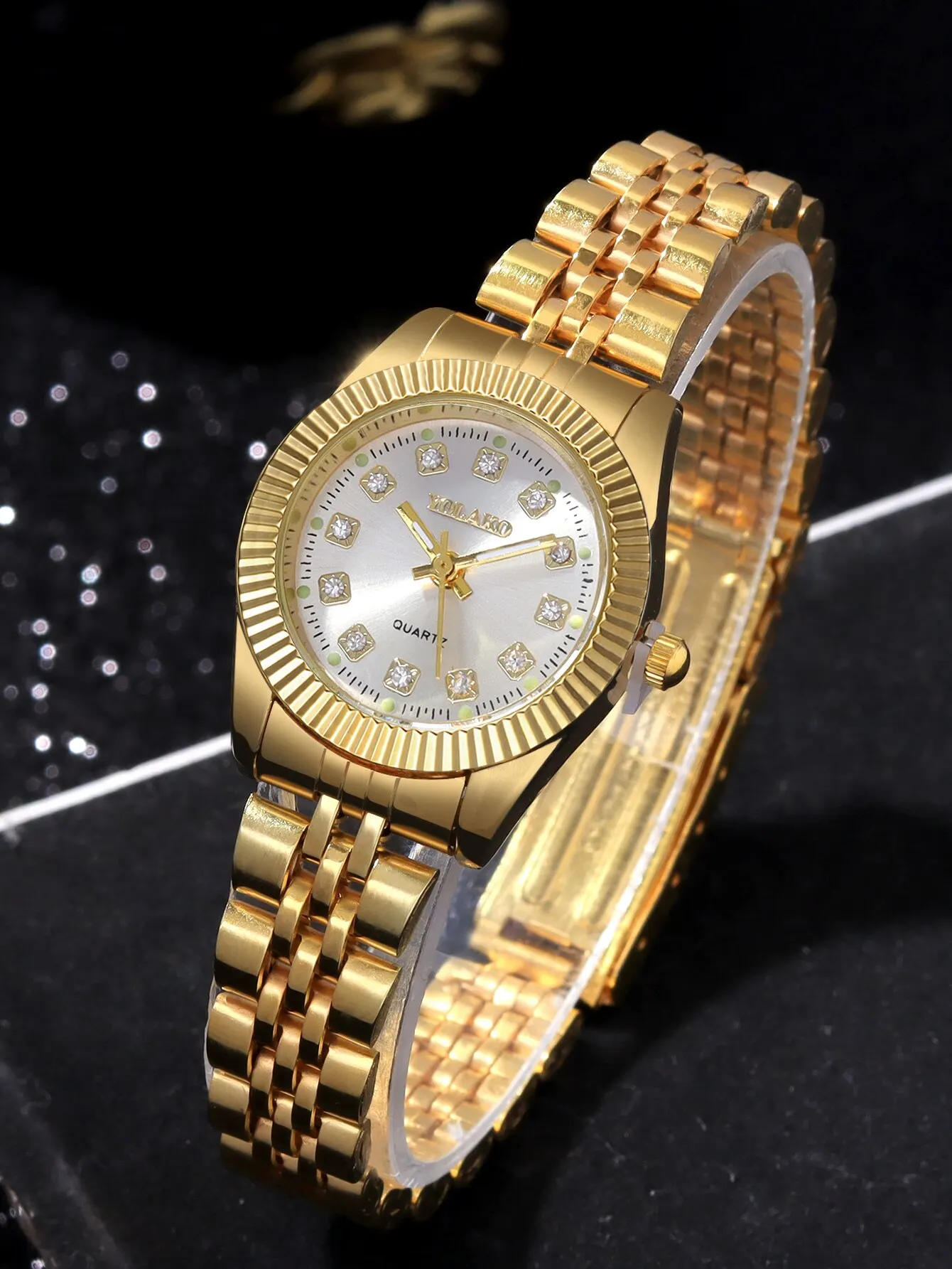 1 PCs แฟชั่น Gold Steel Band ผู้หญิงนาฬิกาควอตซ์