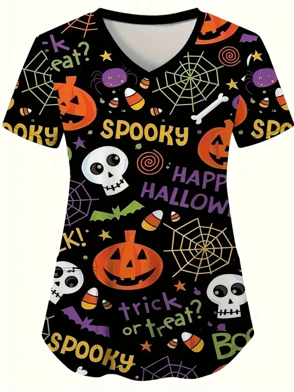 Halloween uniforme médico mulher abóbora fantasma impressão 3d verão casual com decote em v com bolsos enfermeira moda manga curta esfrega mulher