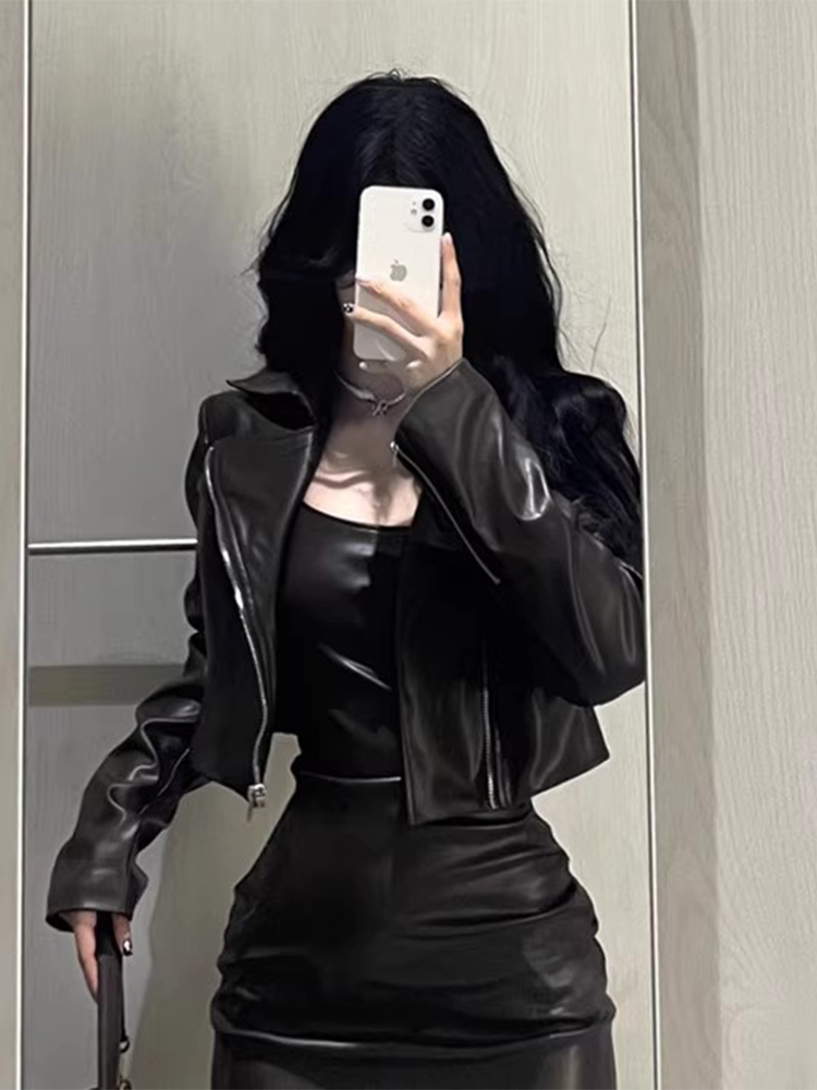 Short PU Leather Jacket Women's Motorcycle Sle Two-Piece Set Autumn High-End Feel Commute Loose Fit Long Sleeve  Collar