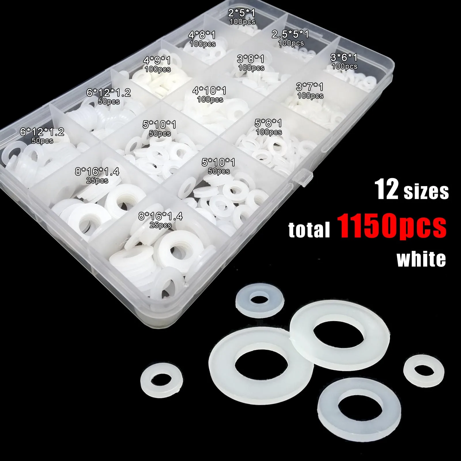1150/700/500 Stück Kunststoff Nylon flache Unterlegscheibe Plain Spacer Isolierung Dichtungsring Mix M2 M2,5 M3 M4 M5 M6 M8 Sortiment Kit Set Box