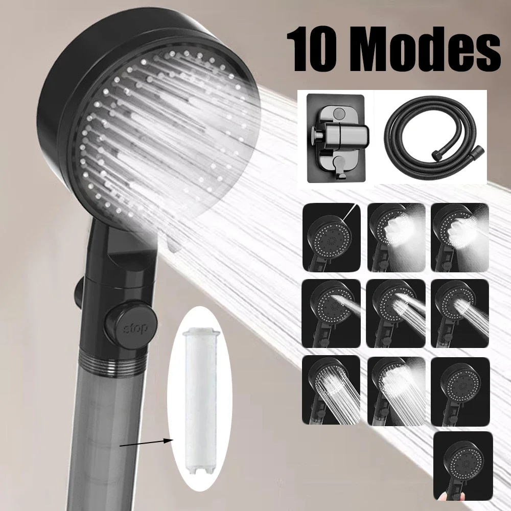 10 spray filtrado cabeça de chuveiro de alta pressão portátil poupança de água resistência à queda um toque parar banho chuveiro bocal