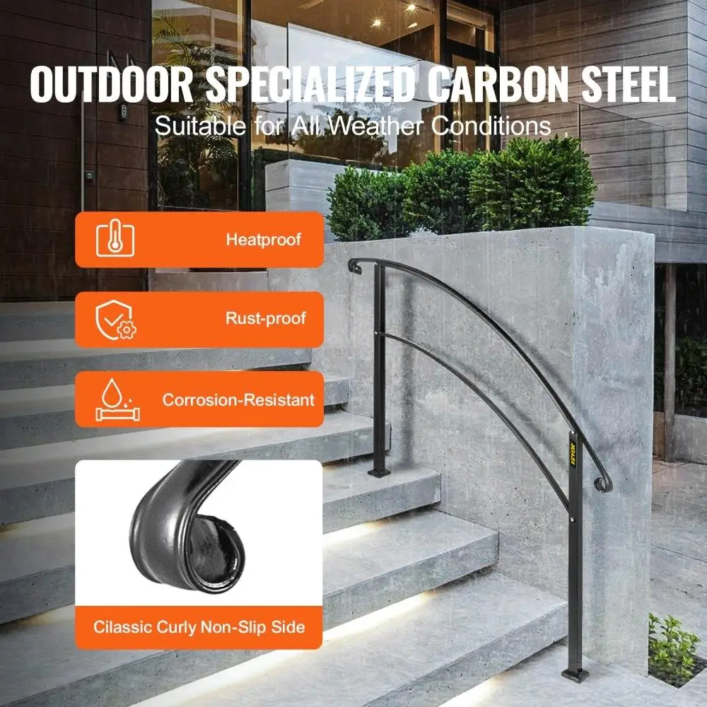 4FT Adjustable Matte Black Wrought Iron Handrail for 4 Steps - Customizable Transition Support