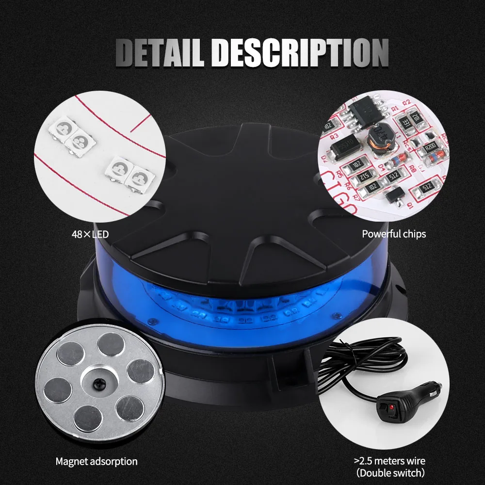 New LED Rotating Flashing Strobe Light Blue Emergency Fire Truck Warning Lamp 9-24V Indicator Magnetic Signal Beacon Lights For