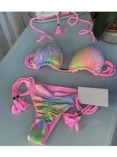 Seksowny strój kąpielowy damski trójkątny zestaw bikini stringi bandażowe stroje kąpielowe jednokolorowy strój kąpielowy dwuczęściowy stringi strój kąpielowy strój plażowy