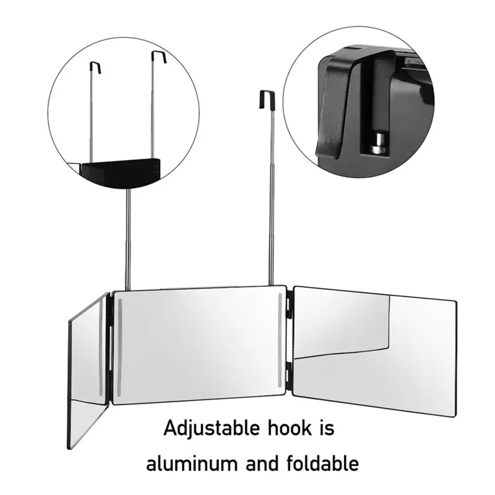 Black Portable 360 Trifold Mirror Adjustable Height for Men and Women Self Hair Cutting Makeup Essential Fordable Vanity Mirror