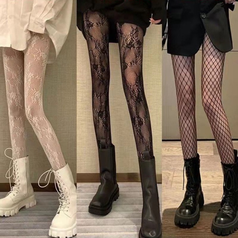 Готические ажурные чулки, черные колготки, женские сексуальные нейлоновые прозрачные колготки в стиле Лолиты, кружевные колготки с цветочным принтом, косплей, большие размеры