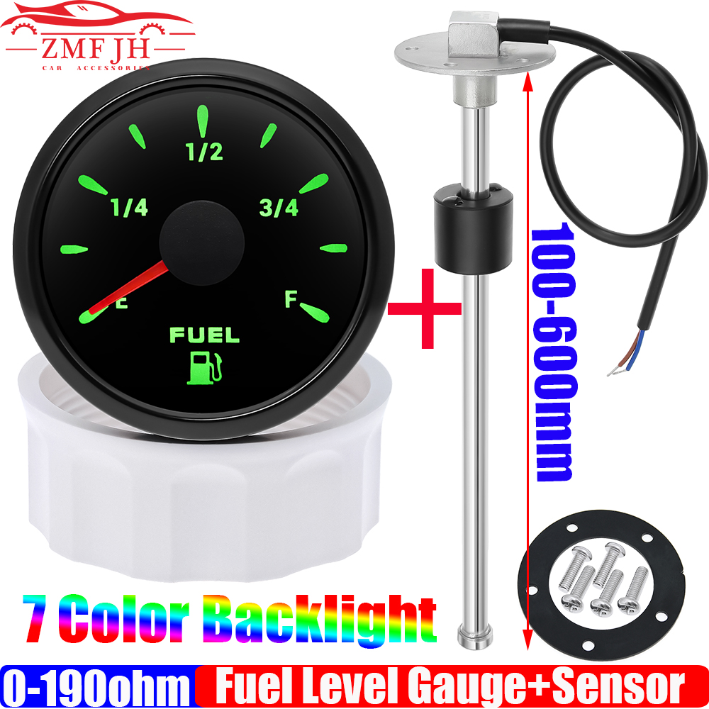 Sensor flutuante de combustível de 0-190 ohm + medidor de nível de combustível de 52mm, luz de 7 cores à prova d'água ip67, indicador de tanque de óleo, carro, iate, 12v, 24v