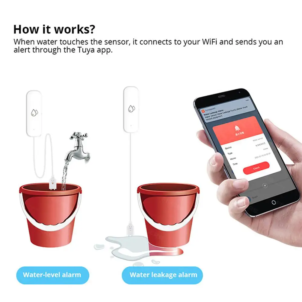 Tuya Zigbee-alarma con Sensor de agua, Detector de fugas de agua, alerta de inundación, sistema de alarma de seguridad de desbordamiento, funciona con Smart Life Zigbee Gateway