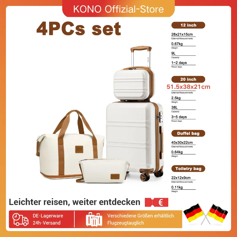 Zestaw walizek KONO 4-częściowy, walizka podręczna 55 cm, kosmetyczka, torba podróżna, kosmetyczka podróżna