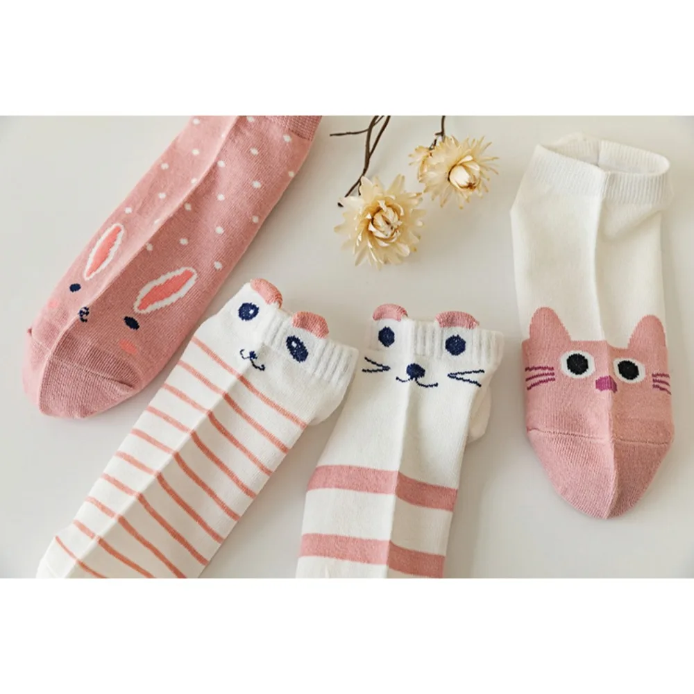 5 pares de calcetines rosas para mujer, calcetines de estilo lindo, calcetines populares de algodón para primavera y verano, lindos calcetines de conejo