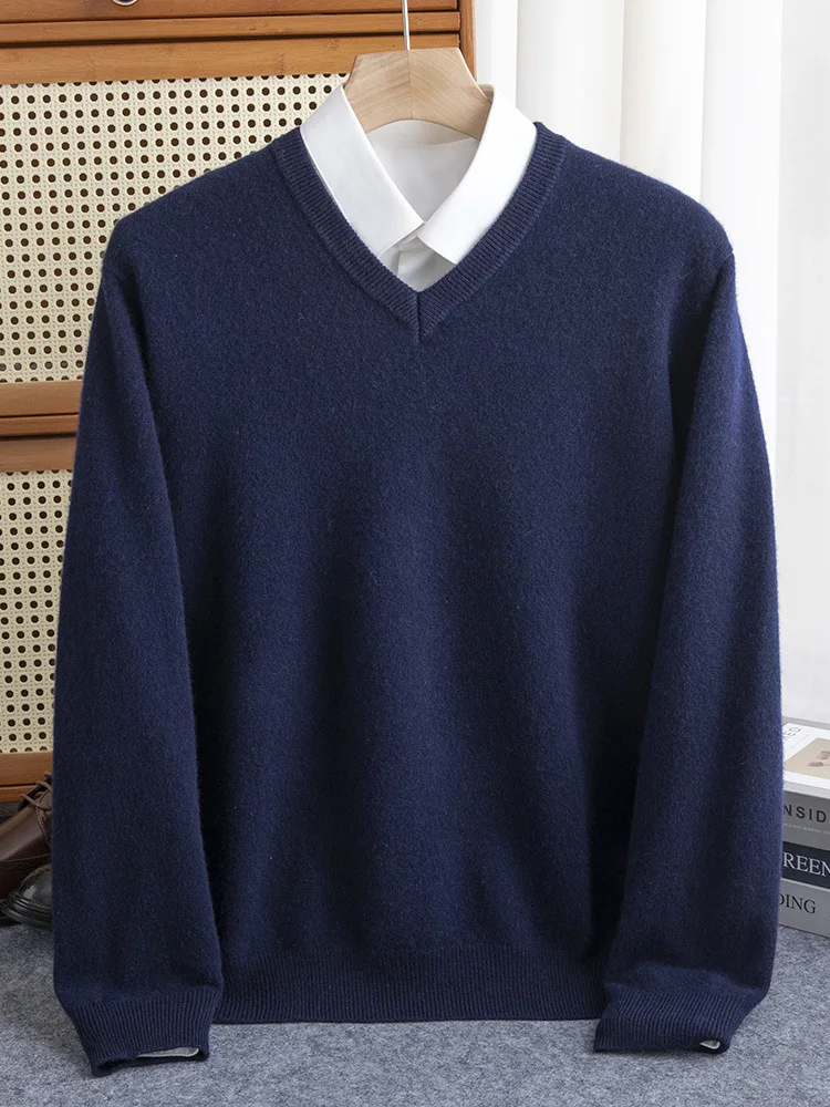 ผู้ชาย 100% Merino ขนสัตว์เสื้อกันหนาว V คอฤดูใบไม้ร่วงฤดูหนาวแคชเมียร์อบอุ่นเสื้อถักเสื้อผ้าธุรกิจ Bottoming Soft Tops