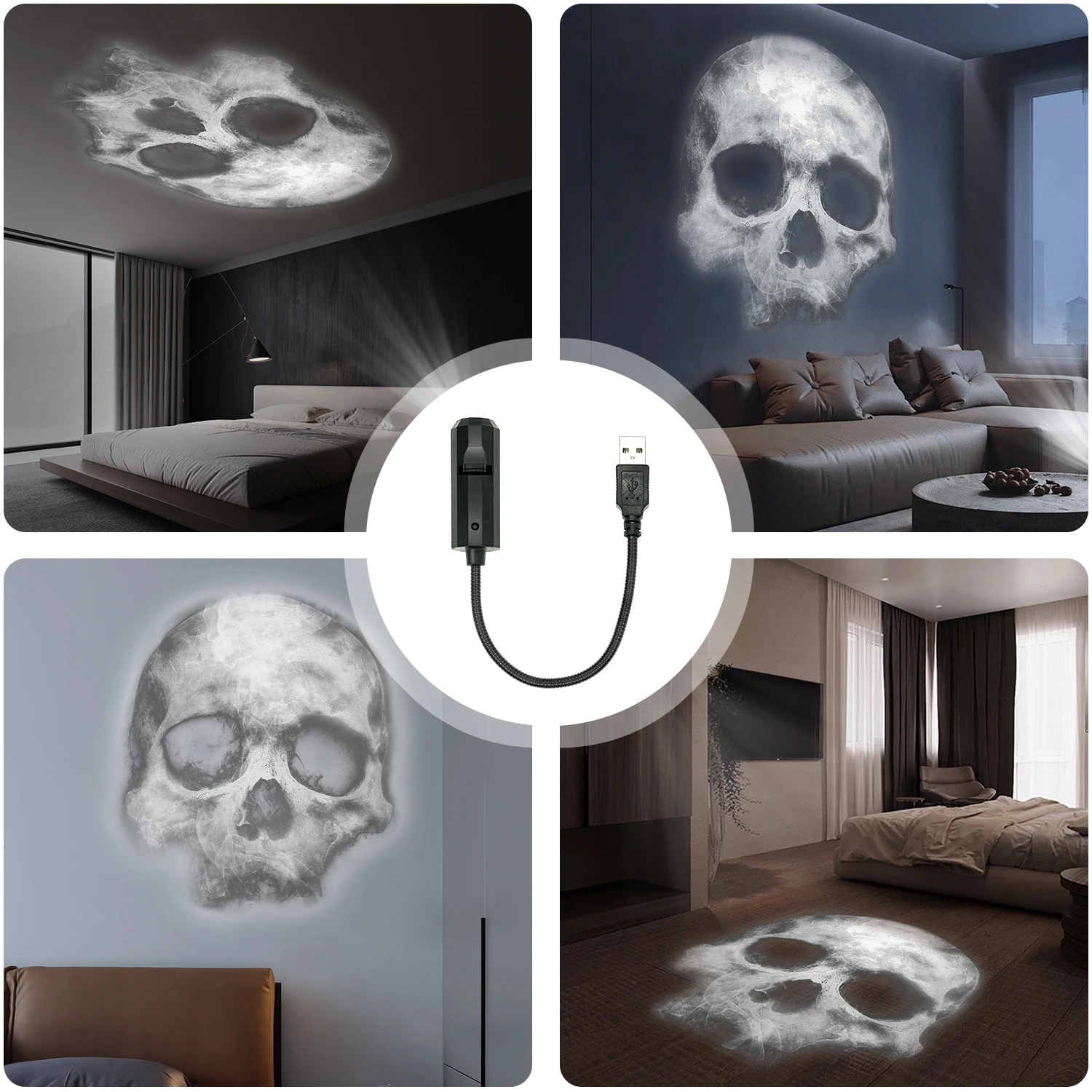 Lâmpada de projeção de caveira, design de padrão comutável 1 + 3, luz noturna LED, adequada para decoração de teto de parede de quarto, presente de Halloween