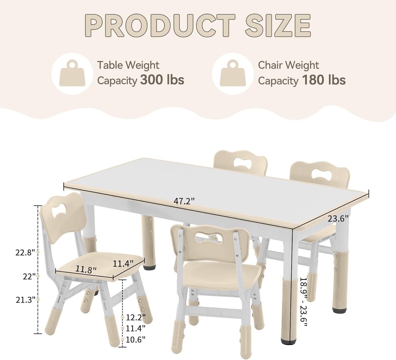 Study Table and Chairs Set, Height Adjustable Toddler Table and Chair Set for Kids Ages 3-8, Graffiti Desktop (Burlywood - 1)