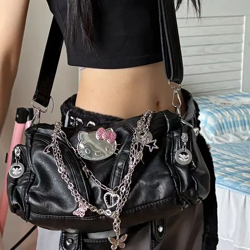 MBTI Y2k Hello Kitty Shoulder Bag for Women Gothic Chains Black Motorcycle Handbag Casual Pu Leather Punk Fashion New Armpit Bag