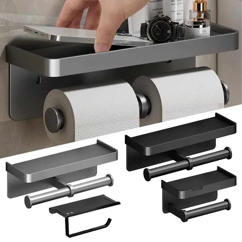 Soporte de papel higiénico de aleación de aluminio, soporte de papel higiénico montado en la pared, soporte para teléfono, estante, rollo de toalla, accesorios