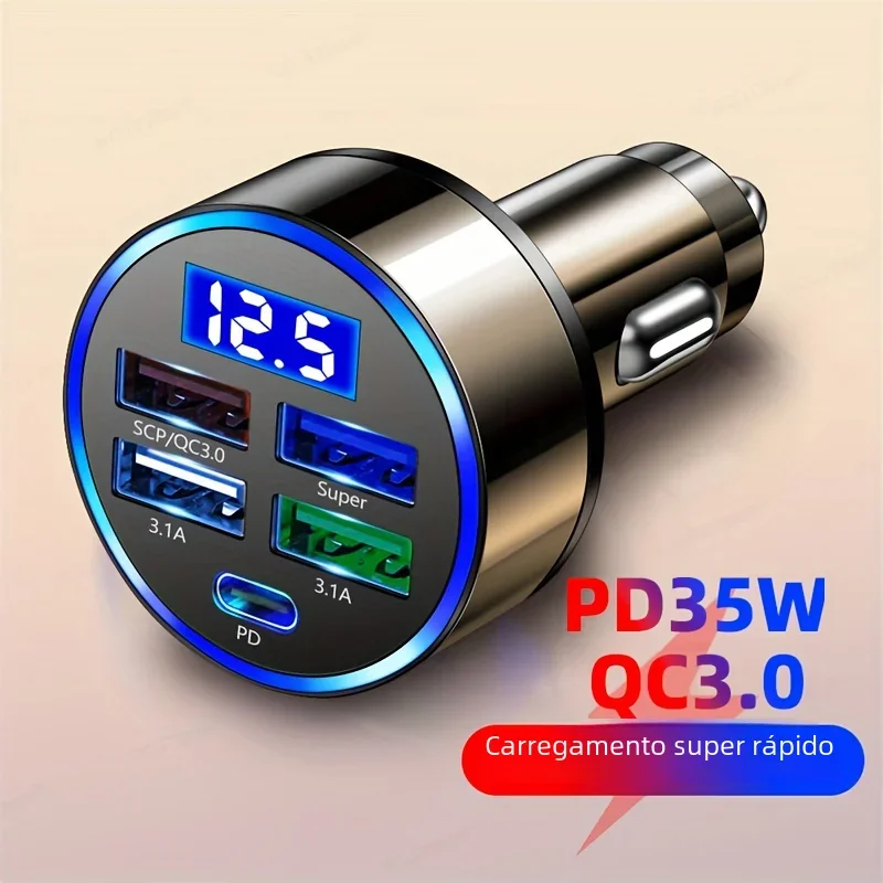 PD + QC 3.0 Adaptador de carregador de telefone para carro de carregamento rápido 4 portas Carregador de carro USB Tipo C PD35W Carregador de carro de carga rápida 3.0